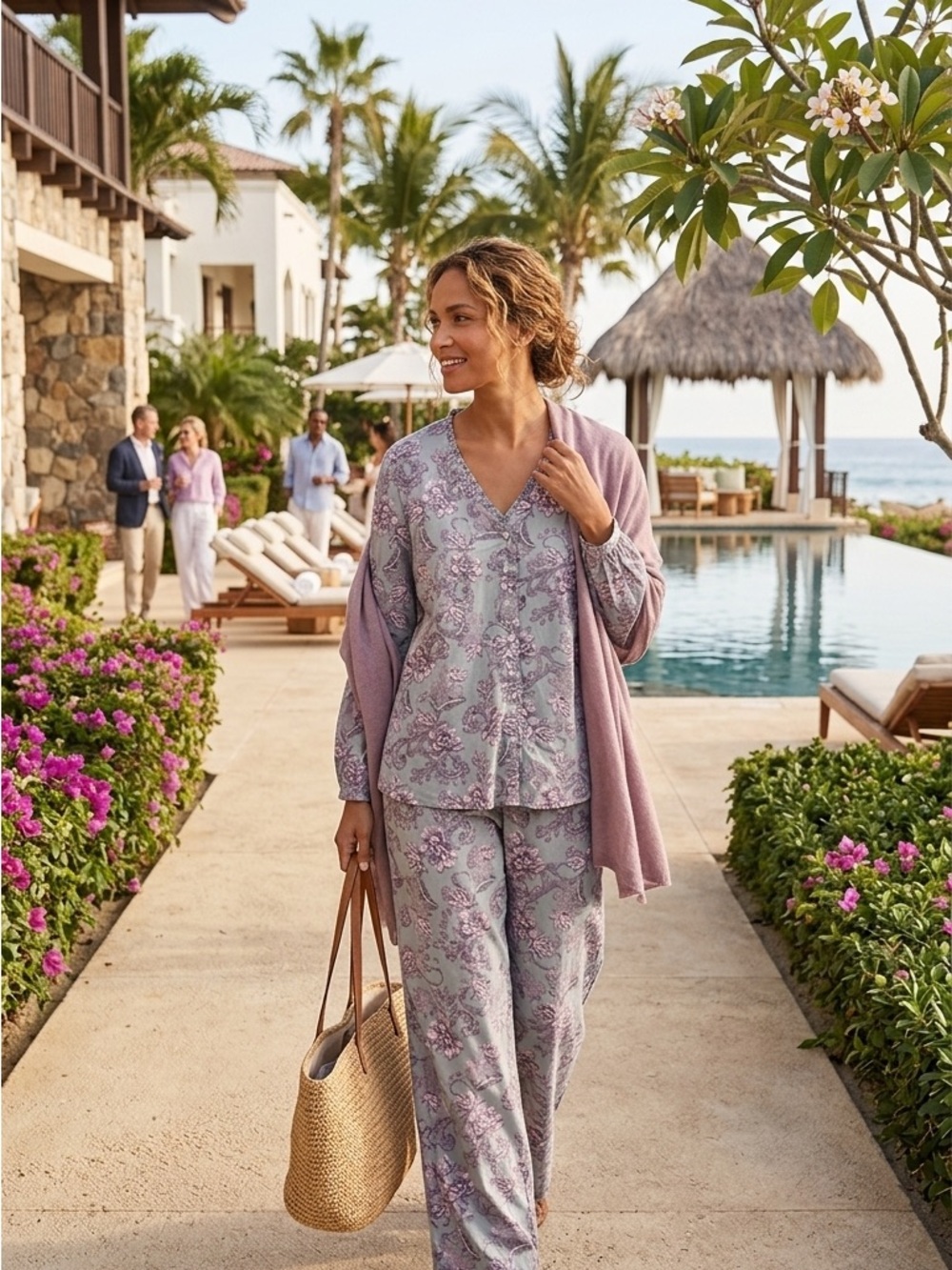 Soft Surroundings Lavender Paisley Lounge Pajama Set with Matching Wrap